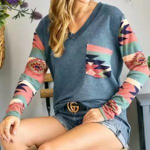 NWT Adora Teal Aztec V Neck Long Sleeve Top